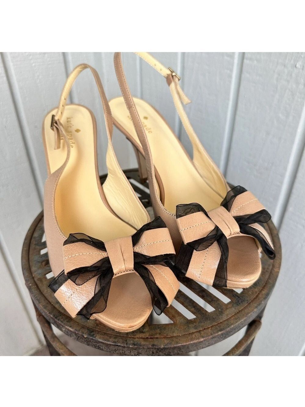Kate Spade Leather Slingback Heels Bow Peep Toe Size 9